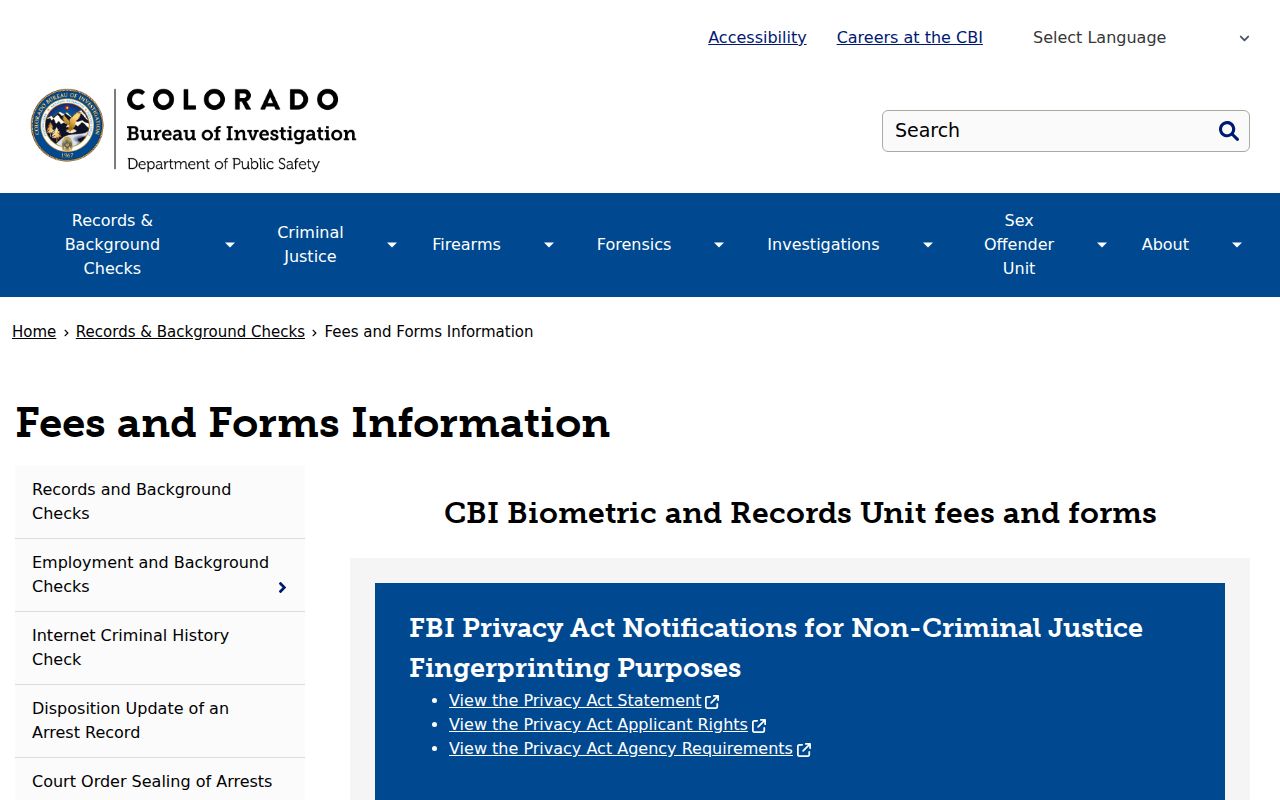 Washington County criminal history CBI fees and forms
