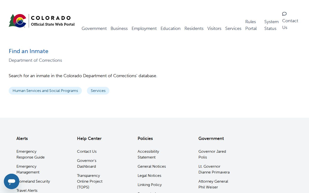 Colorado official inmate search routing page