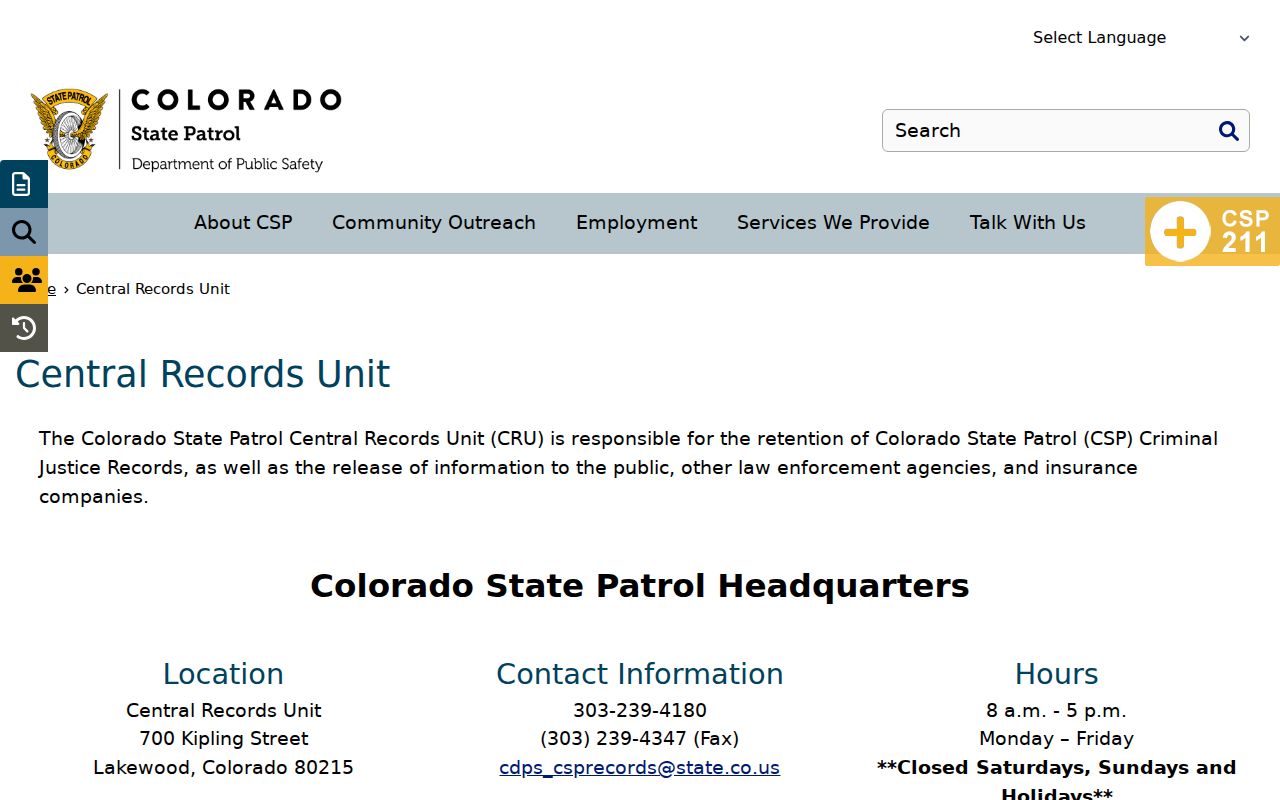 Colorado State Patrol Central Records Unit page