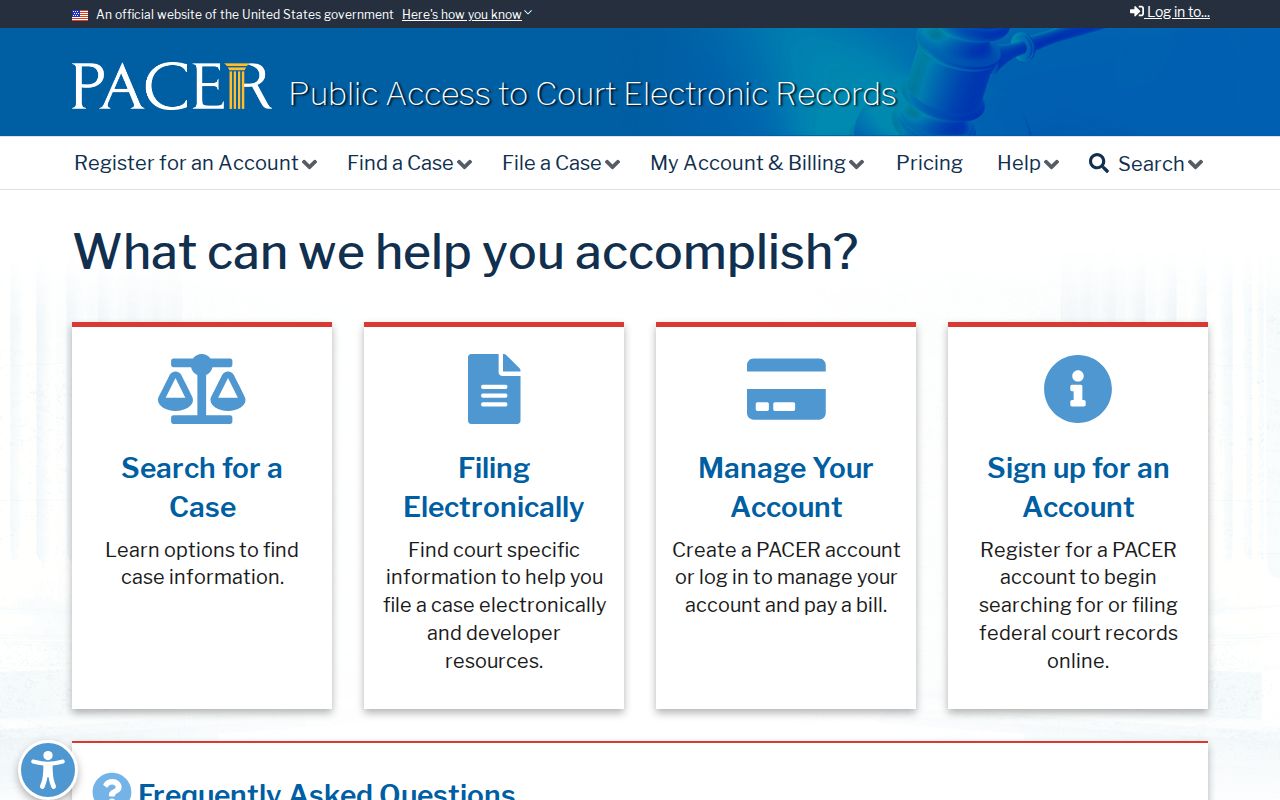 Federal PACER court case access page