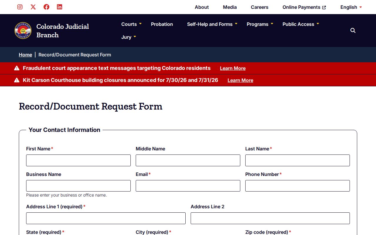 Colorado Judicial record and document request form