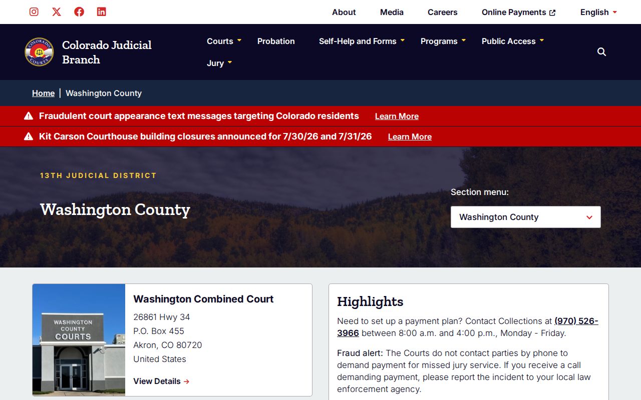 Colorado Judicial Branch Washington County trial court page