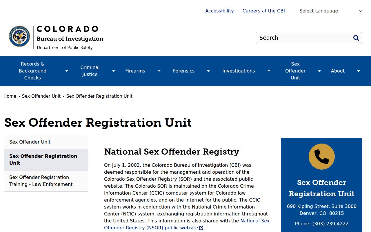 CBI Sex Offender Registration Unit information serving Washington County