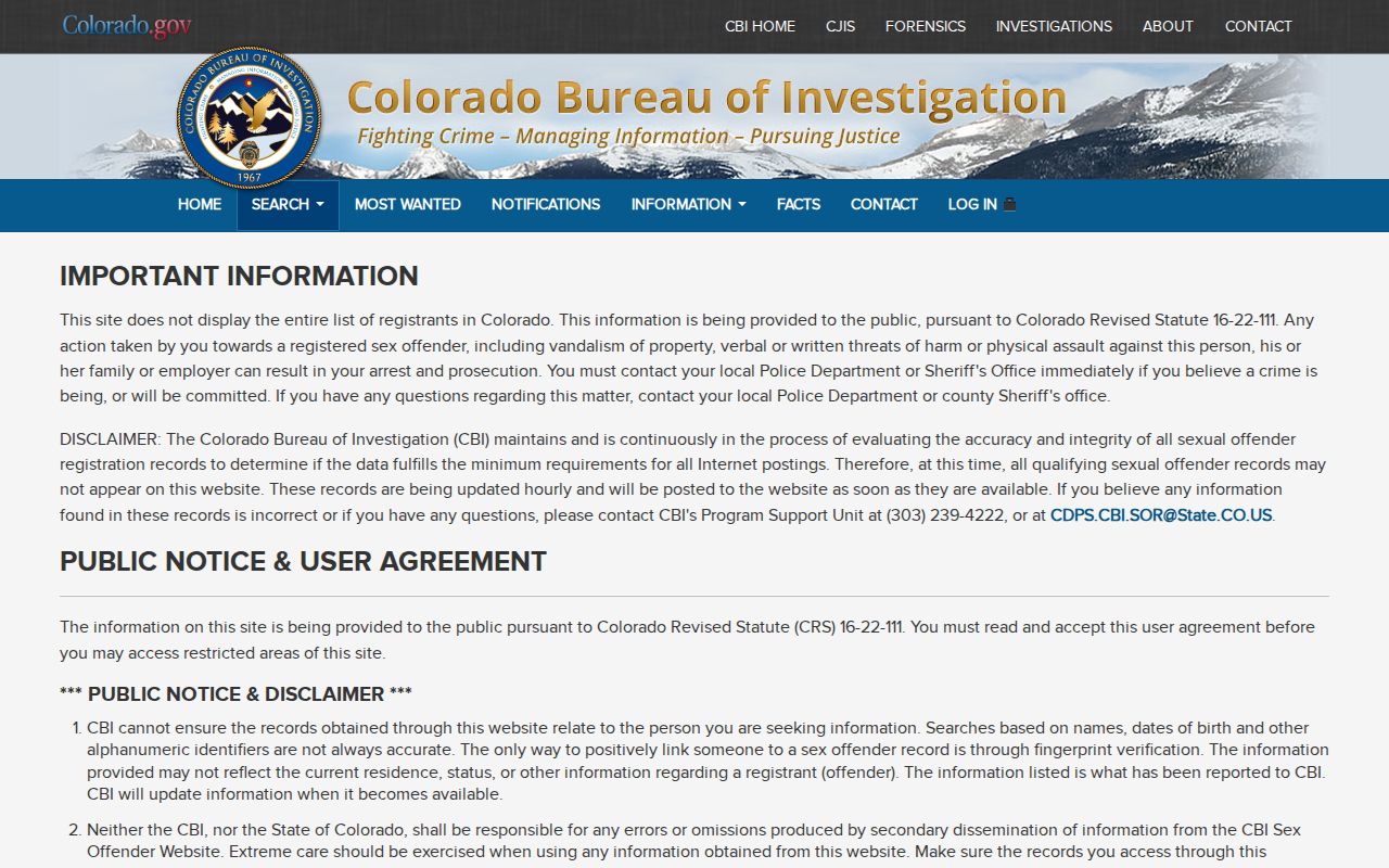 Colorado registry map search interface for Washington County sex offender records